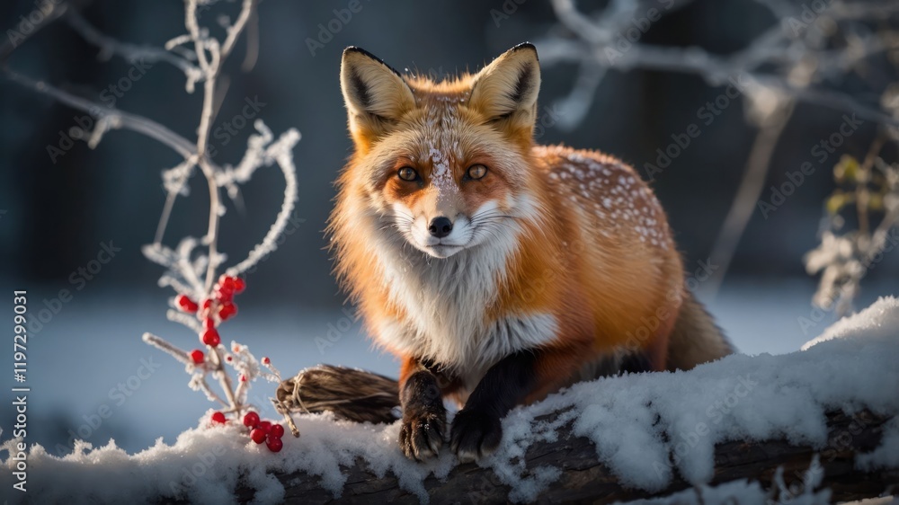 A red fox with a snowy backdrop, showcasing winter beauty in nature. A red fox with a snowy backdrop, showcasing winter beauty in nature.