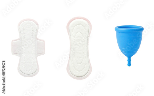 Menstrual cup and sanitary pads isolated on transparent background, feminine hygiene and period care products comparison