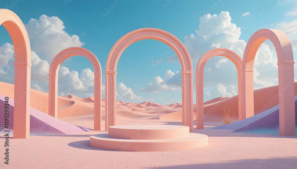 Fototapeta premium Pink arches and platform in desert landscape