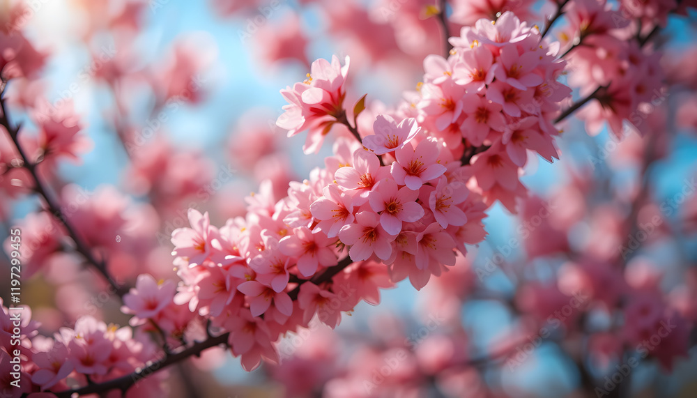 Pink blossom branch against blue sky Pink blossom branch against blue sky