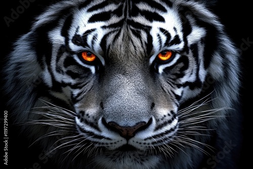 Striking Monochrome Tiger Face. Close-Up Portrait Showcasing Raw Power and Beauty photo