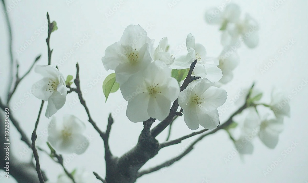 Obraz premium White flowers blooming on branches against a misty sky, ideal for spring themes