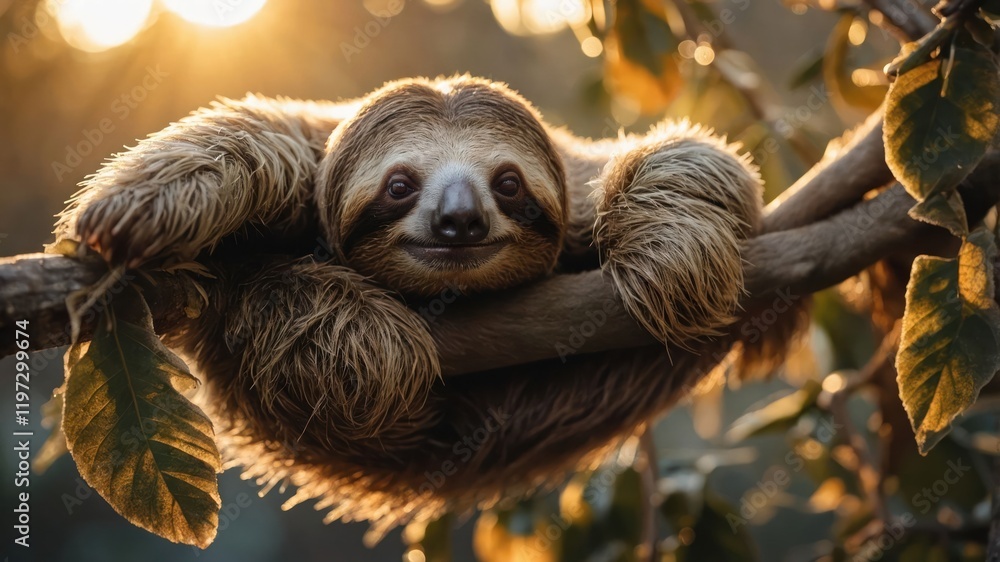 A sloth hanging on a branch, illuminated by warm sunlight in a serene environment. A sloth hanging on a branch, illuminated by warm sunlight in a serene environment.
