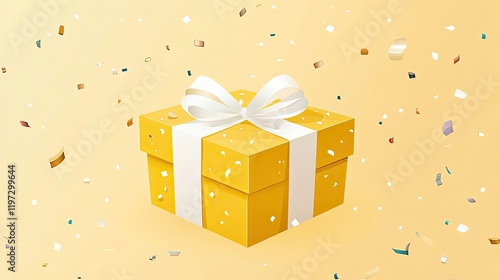 Yellow Gift Box with White Ribbon and Confetti
