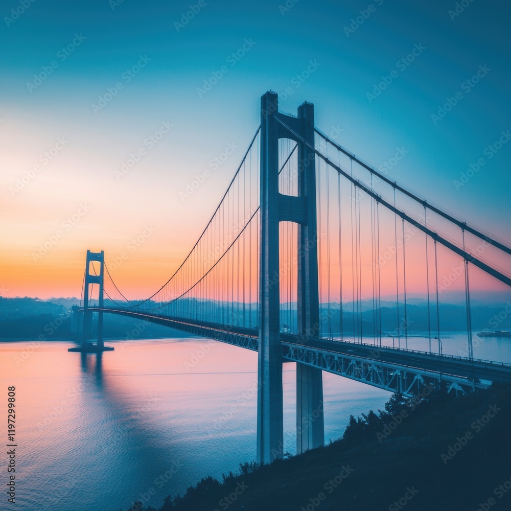 Fototapeta premium Stunning Sunset Over Suspension Bridge with Calm Water Reflections