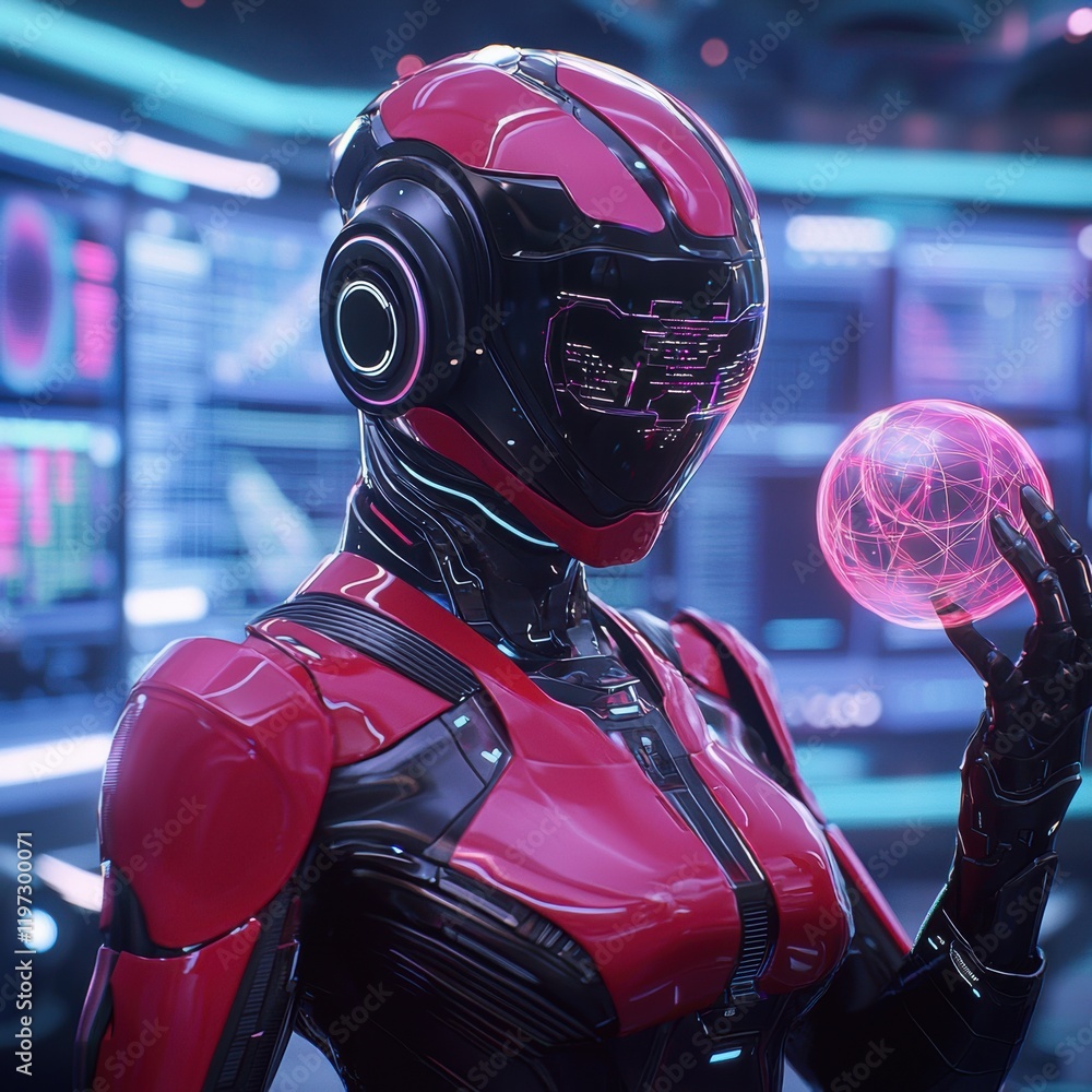 Futuristic Female Cyborg with Holographic Interface and Technology Futuristic Female Cyborg with Holographic Interface and Technology