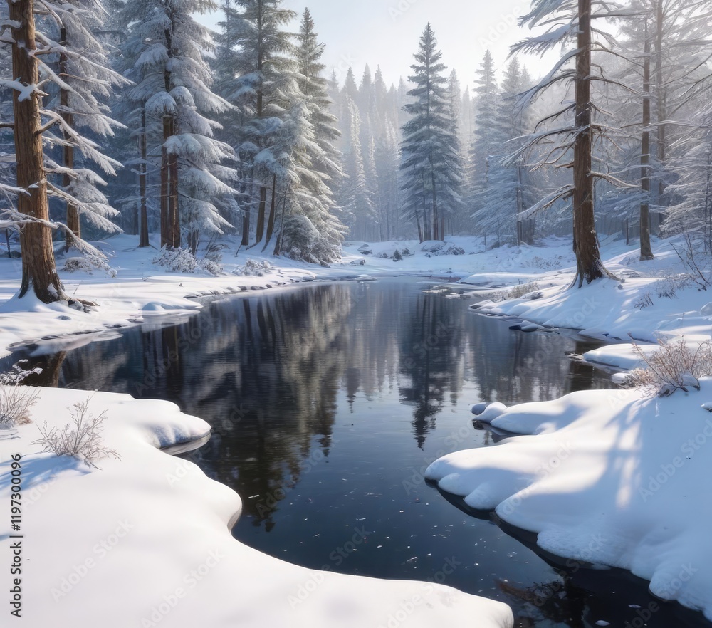 Obraz premium A frozen forest pond with snow-covered trees and a soft blanket of snow surrounding it, winter wonderland, winter landscape, frosty