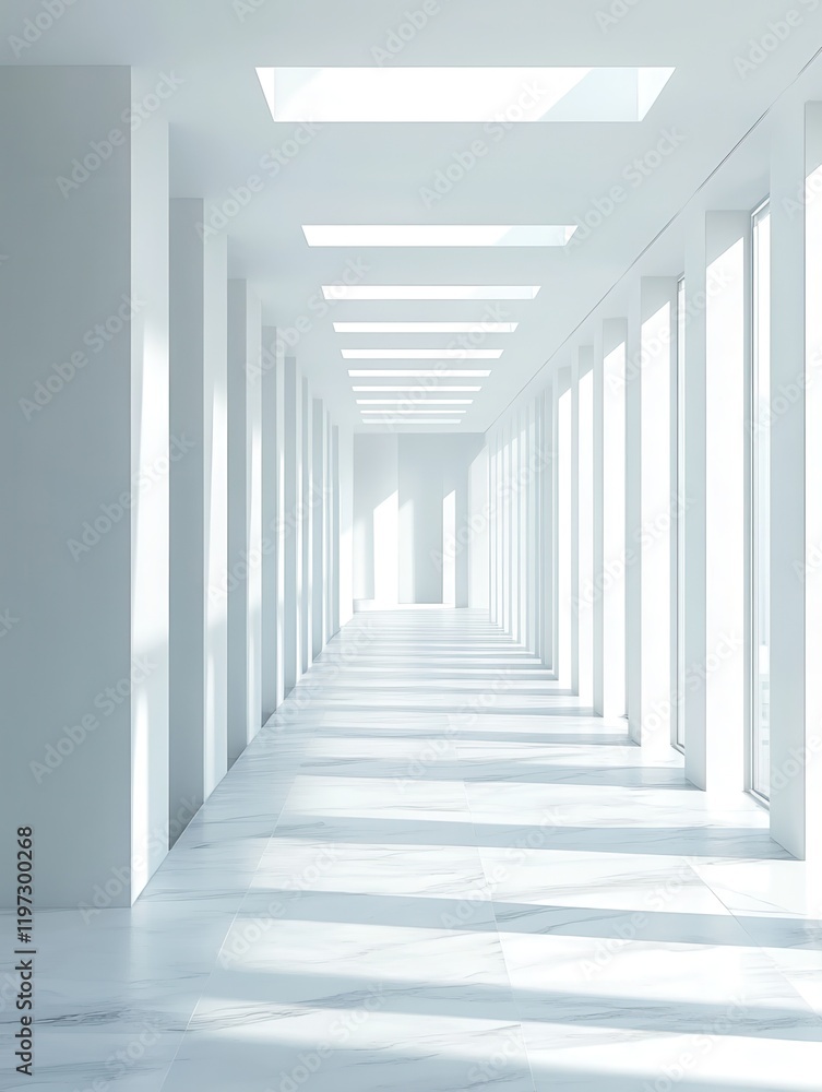 White interior with long corridor in modern space 3D Render White interior with long corridor in modern space 3D Render