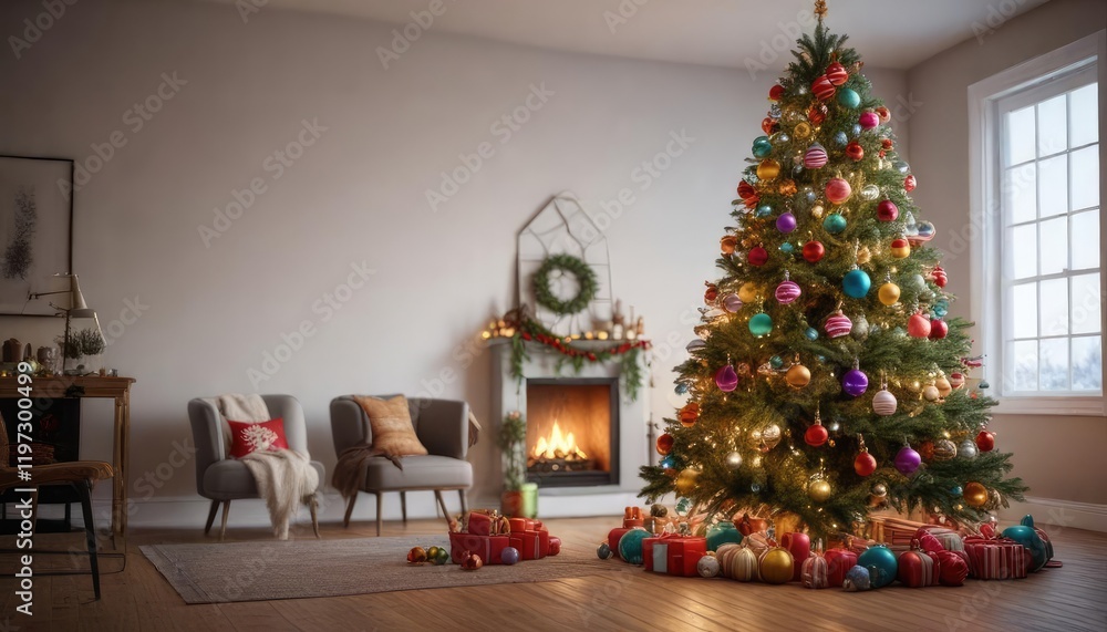 A full-grown Christmas tree covered in colorful ornaments and lights, , festive holiday decor, colorful lights A full-grown Christmas tree covered in colorful ornaments and lights, , festive holiday decor, colorful lights