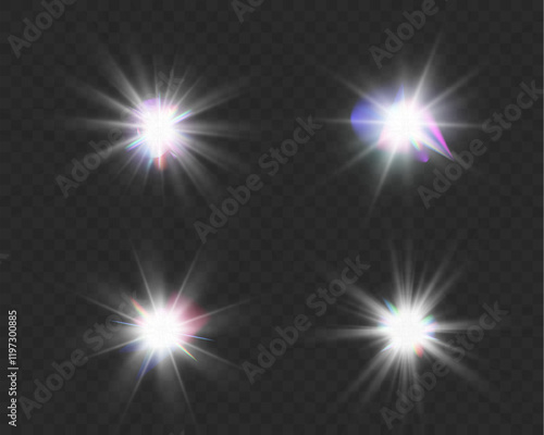 Bright glowing stars with sparkling light effects on a transparent background. Perfect for Christmas, festive, or holiday designs.