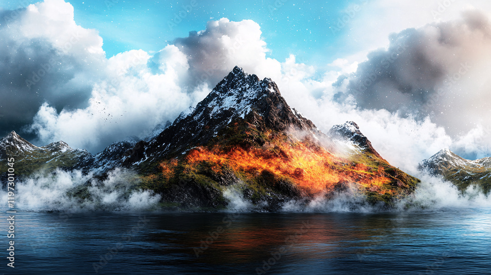 Naklejka premium dramatic mountain landscape with flames engulfing peak, surrounded by clouds and water, creating striking contrast of fire and nature beauty