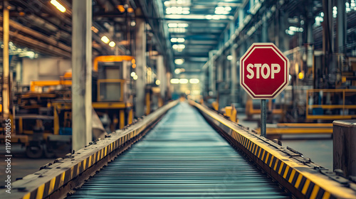 Stop sign floating over empty conveyor belt in large industrial warehouse