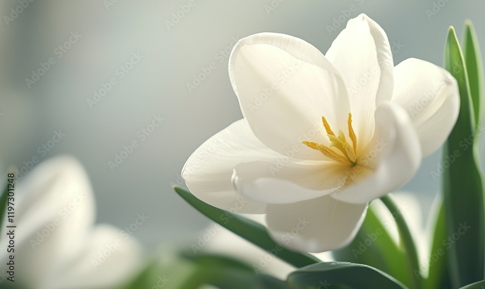 Fototapeta premium White tulip close-up with soft background, ideal for spring themes