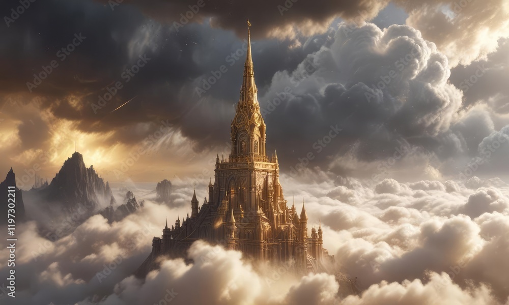 Fototapeta premium A gleaming golden spire pierces through a veil of misty clouds, illuminating the surrounding atmosphere , spire, glowing