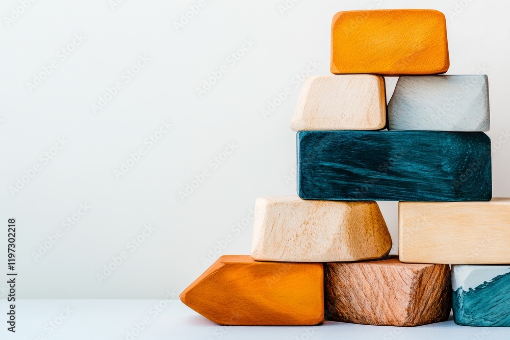 Obraz premium A playful depiction of stacked wooden blocks, rendered in bright earthy tones with subtle shading on a plain white canvas