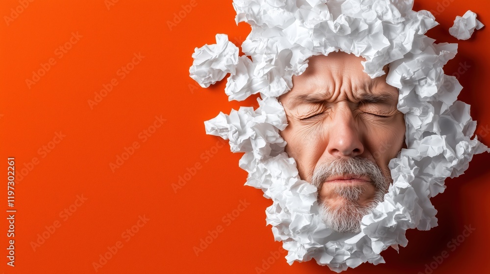Creative expression of frustration with paper emphasizing the chaos of thoughts against an orange backdrop Creative expression of frustration with paper emphasizing the chaos of thoughts against an orange backdrop