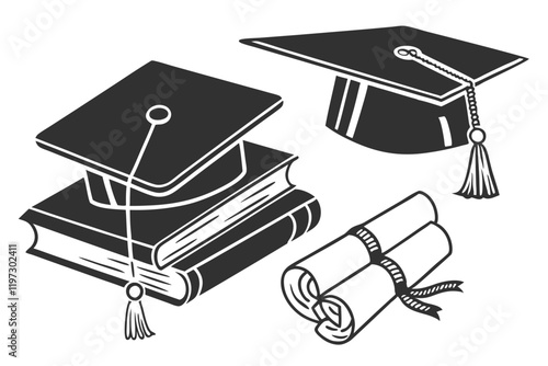 graduation caps, academic achievement, education icons, black and white silhouettes, mortarboard hats, tassels, scholarly symbols, university graduation, commencement ceremony, minimalist design, vect