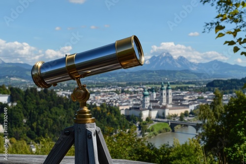 Telescope Perspective: Scenic View of Hohensalzburg Fortress, Salzburg - A Tourist's Outlook on Europe's Architectural Marvel