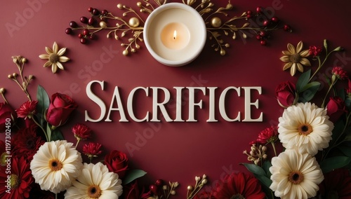 SACRIFICE text title in center and memorial heroism selflessness contribution offering devotion in deep red ivory gold colors photo