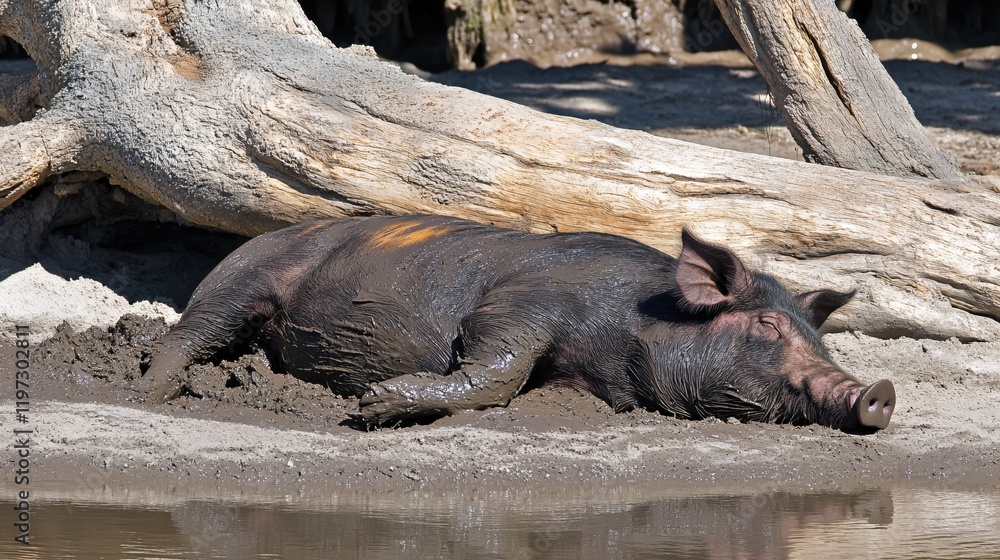 Mud Bath Bliss A Pig Relaxing by a Riverbank Under a Fallen Log Mud Bath Bliss A Pig Relaxing by a Riverbank Under a Fallen Log