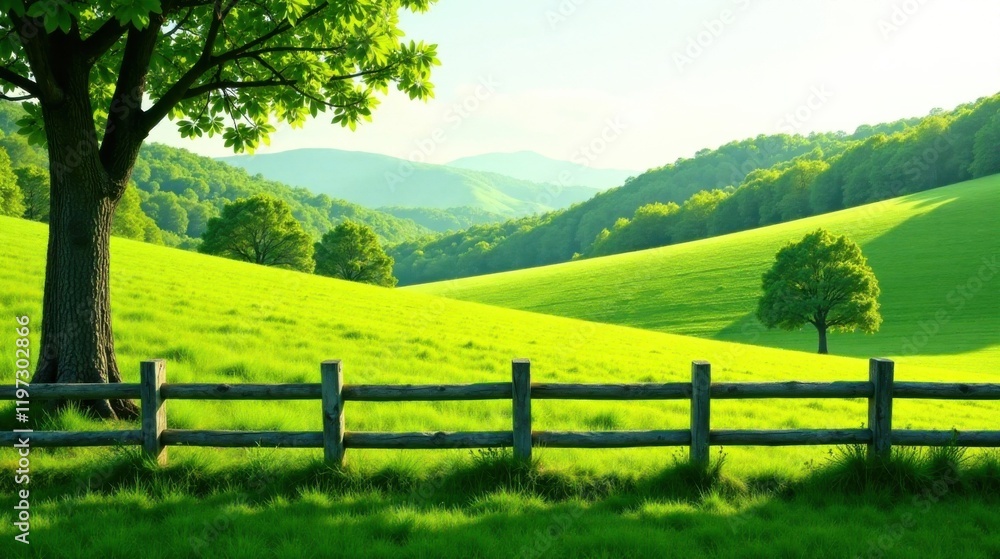 Serene Pastoral Landscape Rolling Green Hills, Lush Meadow, Rustic Wooden Fence, and Majestic Trees Under a Sunny Sky Serene Pastoral Landscape Rolling Green Hills, Lush Meadow, Rustic Wooden Fence, and Majestic Trees Under a Sunny Sky