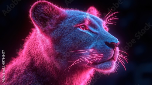 Neon Lioness Portrait, Dark Background, Digital Art