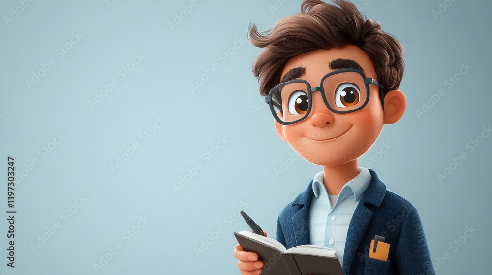 Smiling cartoon boy in glasses holding notebook and pen. Smiling cartoon boy in glasses holding notebook and pen.