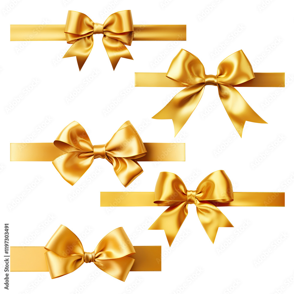 Set of Gold bow and ribbon shiny satin for invitation, greeting card, gift Set of Gold bow and ribbon shiny satin for invitation, greeting card, gift