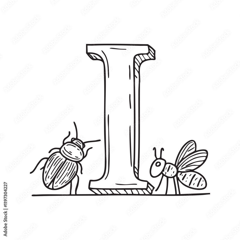 A doodle illustration of letter I and Insect A doodle illustration of letter I and Insect
