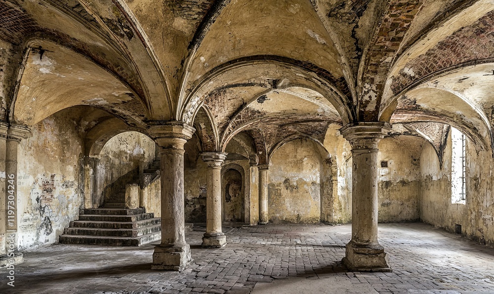 Ancient castle hall interior, weathered walls, pillars, stairs, brick floor Ancient castle hall interior, weathered walls, pillars, stairs, brick floor