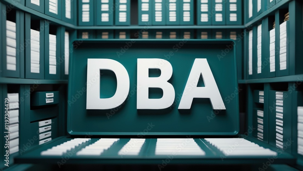 DBA text title in center and server storage records tables information data in slate white emerald colors DBA text title in center and server storage records tables information data in slate white emerald colors