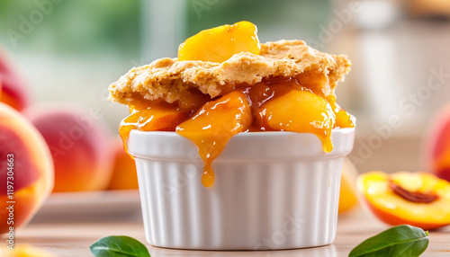 Delicious peach cobbler in a white dish, topped with juicy peaches and crust.