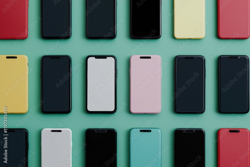 Colorful Smartphone Display on Mint Background with Various Cases Colorful Smartphone Display on Mint Background with Various Cases