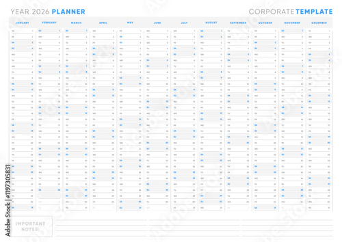 2026 Yearly Corporate Planner, Minimal Horizontal Calendar Template with Notes Section, Editable and Printable for Business and Office Use

