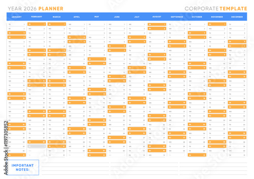 2026 Corporate Planner Template, Horizontal One-Page Calendar with Weekends Highlighted, Annual Organizer for Business and Office Use