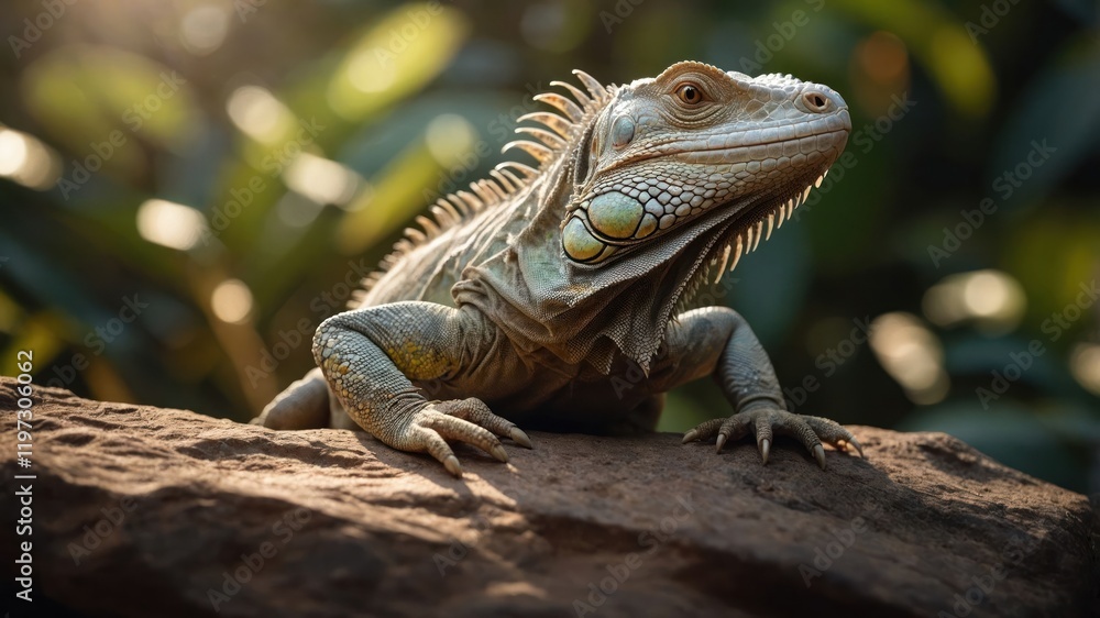 Fototapeta premium A close-up of a lizard perched on a rock, surrounded by lush greenery.