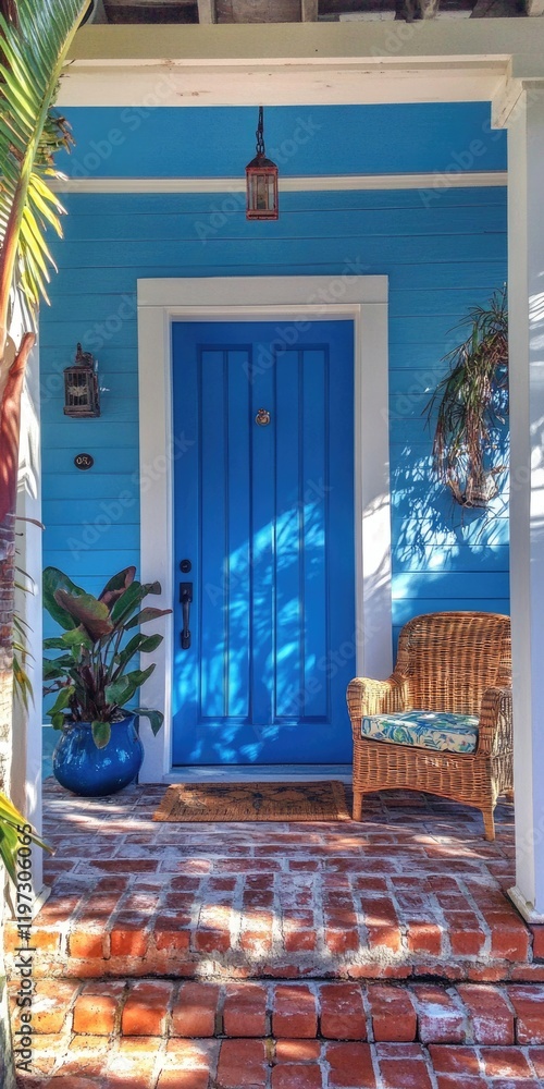 Fototapeta premium Charming Beach Bungalow Featuring a Vibrant Blue Front Door with Brick Porch and Cozy Egg Chair
