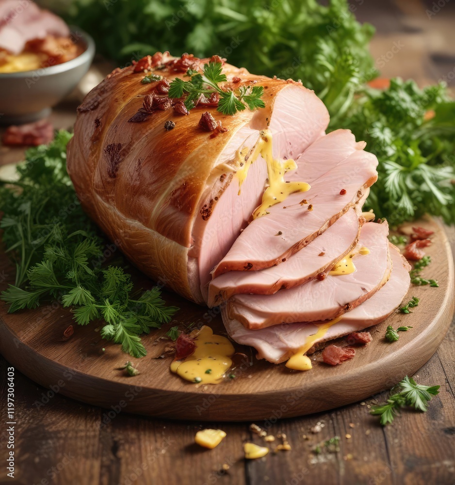 A juicy ham with melted cheese and crunchy bacon bits amidst a sprig of fragrant parsley , ham, bacon, plate A juicy ham with melted cheese and crunchy bacon bits amidst a sprig of fragrant parsley , ham, bacon, plate