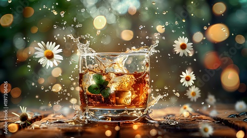 Wallpaper Mural a glass with tea and mint, splashes flying in the air, daisies flying around it, background blurred greenery, summer vibe  Torontodigital.ca