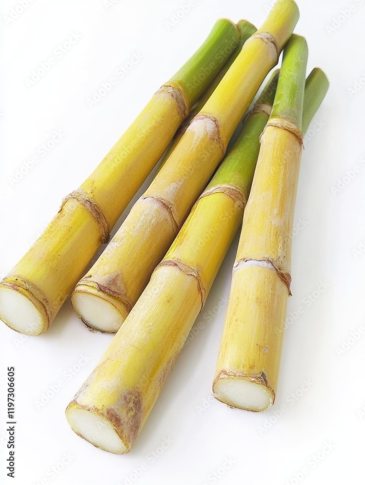 Fresh Sugarcane Stem Isolated on White Background, Showcasing Its Tropical Green Nature and Sweet Flavor Fresh Sugarcane Stem Isolated on White Background, Showcasing Its Tropical Green Nature and Sweet Flavor