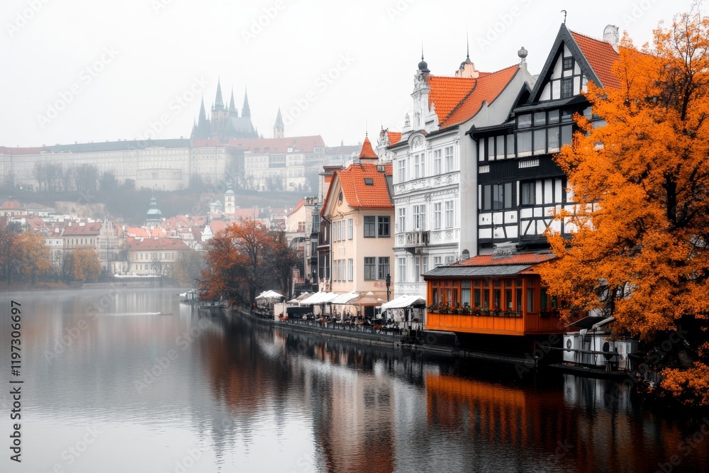 Fototapeta premium A view from Vyšehrad Fortress, overlooking the Vltava River and the sprawling cityscape of Prague