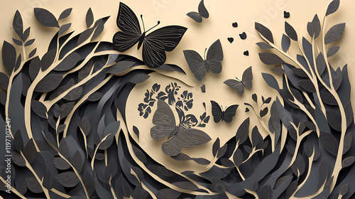 Tropical floral in paper art style and pastel color tropical green leaf paper cut concept design