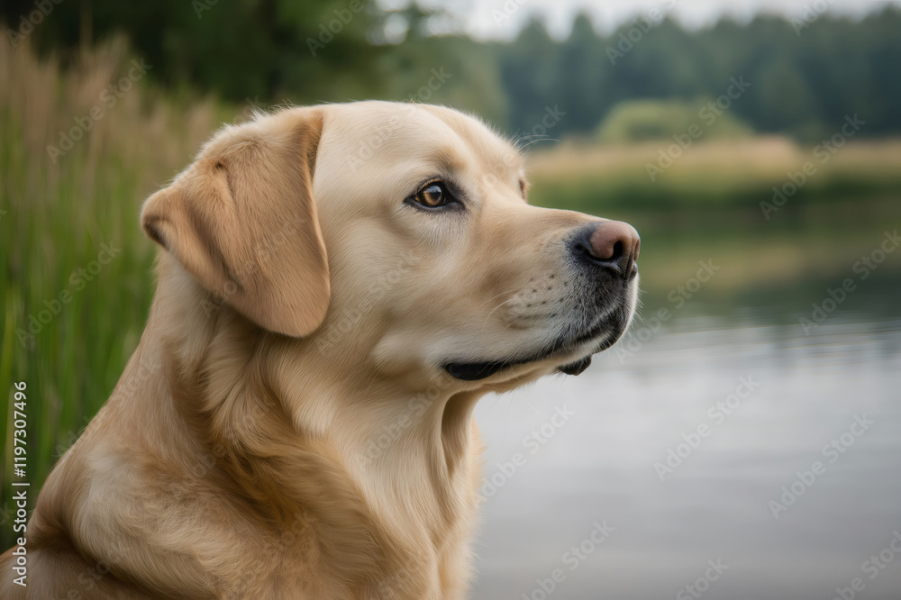 Beautiful Labrador retriever dog sitting near a lake in summer, enjoying the view and thinking Beautiful Labrador retriever dog sitting near a lake in summer, enjoying the view and thinking