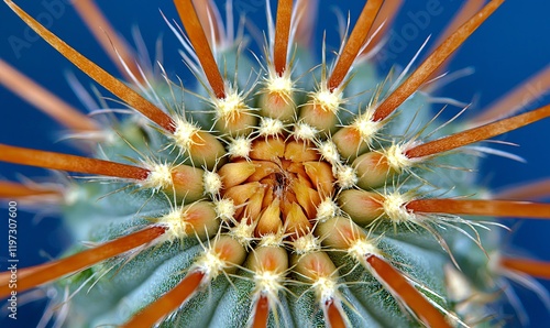 Close-up of cactus with orange spines against blue background, ideal for nature or desert themes photo