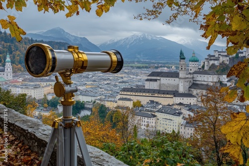 Telescope Offering a Stunning Ausblick of Hohensalzburg Fortress in Scenic Salzburg