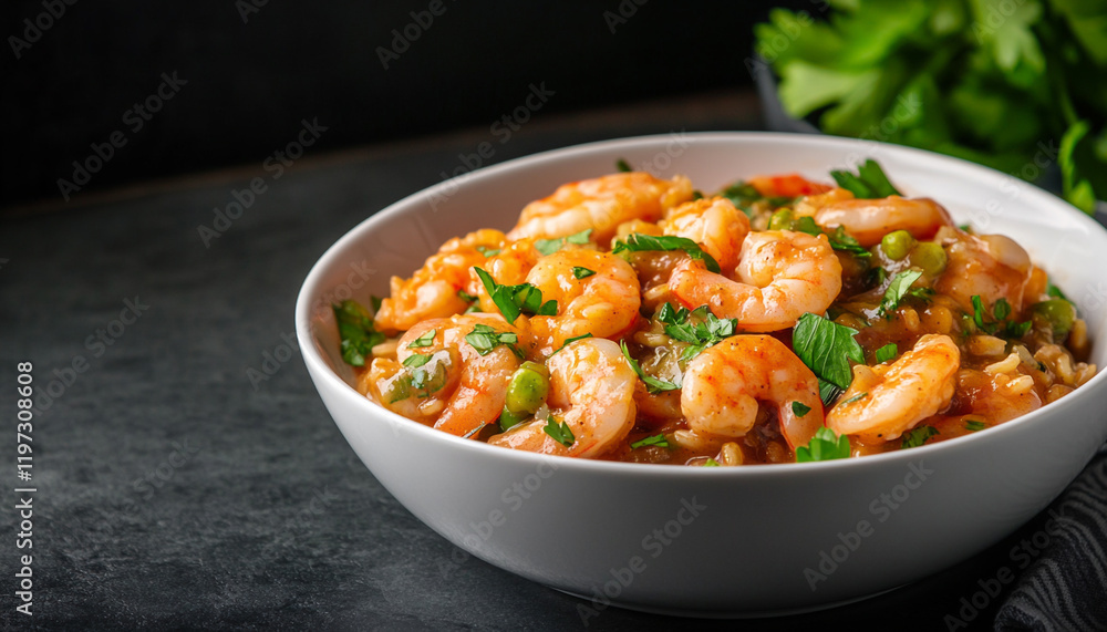 A delicious bowl of shrimp served with flavorful vegetables and herbs. A delicious bowl of shrimp served with flavorful vegetables and herbs.