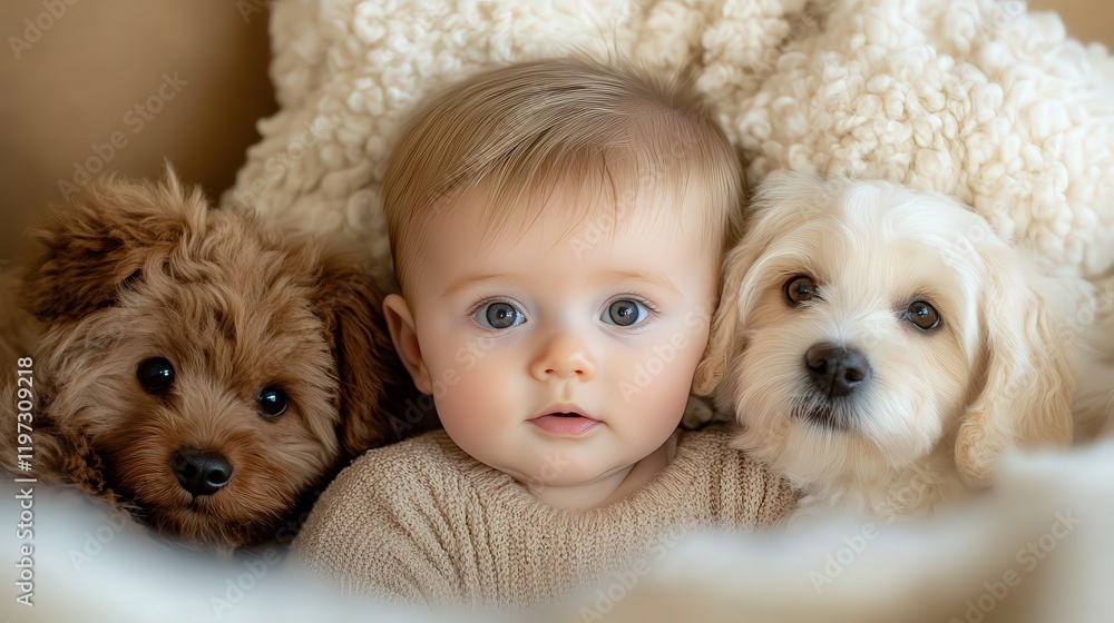 Adorable Baby Smiling Joyfully Surrounded by Two Playful Dogs in a Warm Home Setting Capturing the Essence of Innocence and Unconditional Love Adorable Baby Smiling Joyfully Surrounded by Two Playful Dogs in a Warm Home Setting Capturing the Essence of Innocence and Unconditional Love