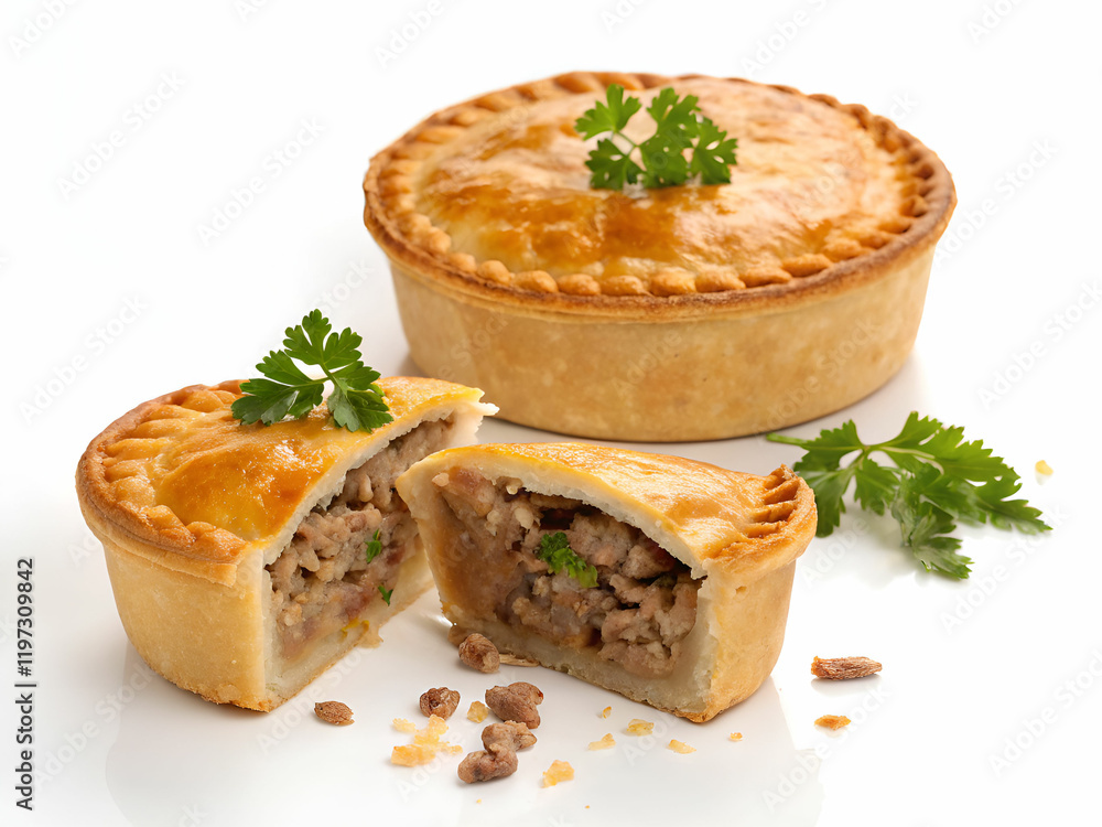 Homely delicious pie with meat. Beautiful pastry from beef decorated with greenery. Homely delicious pie with meat. Beautiful pastry from beef decorated with greenery.