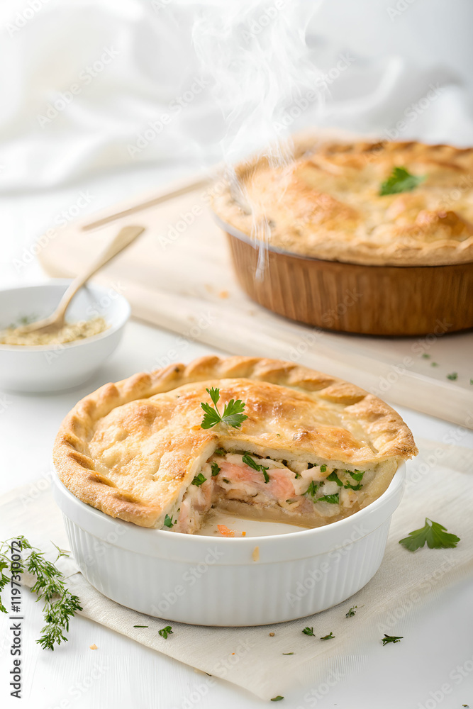 Homely and delicious fish pie. Beautiful hot pastry from salmon decorated with greenery. Homely and delicious fish pie. Beautiful hot pastry from salmon decorated with greenery.