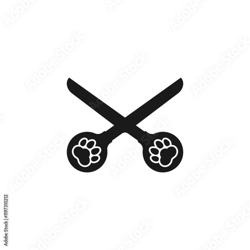 Dog grooming logo design template. Scissors with paw prints on the handle. Vector isolated illustration on white background.	